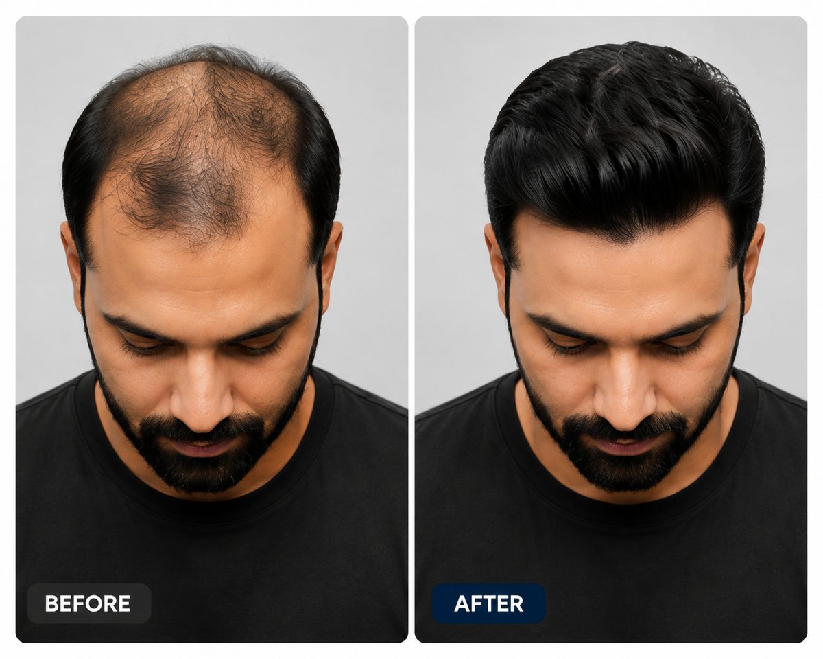 Illustration, not a customer photograph: a man with a bald crown and thinning front on the left, and the same man with a full head of styled black hair on the right.