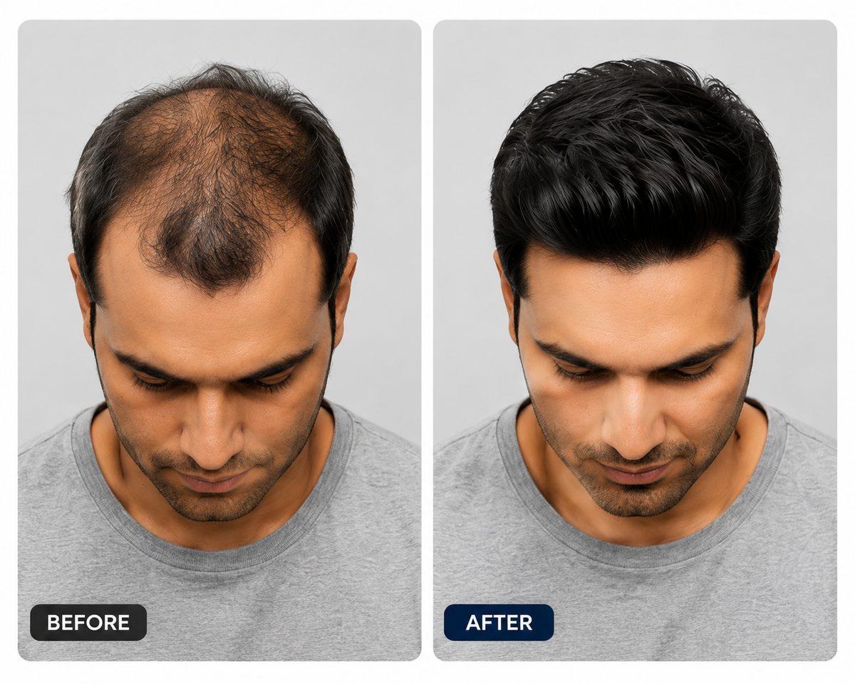 Illustration, not a customer photograph: a man with advanced crown baldness on the left, and the same man with thick hair across the top on the right.