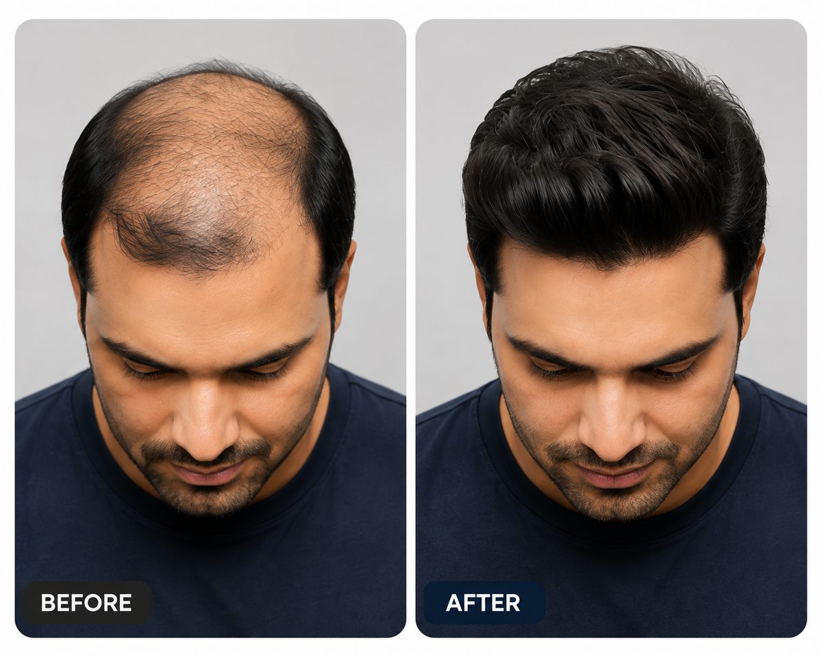 Illustration, not a customer photograph: a man bald across the whole top of the head on the left, and the same man with a full head of hair on the right.