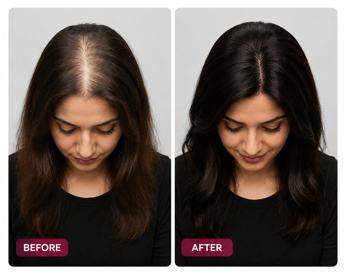 Illustration, not a customer photograph: a woman with a wide parting and visible scalp on the left, and the same woman with thick dark hair on the right.