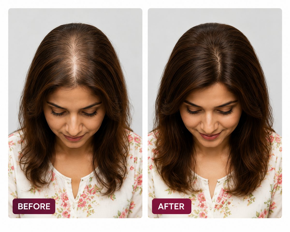 Illustration, not a customer photograph: a woman with diffuse thinning through the parting on the left, and the same woman with fuller hair on the right.