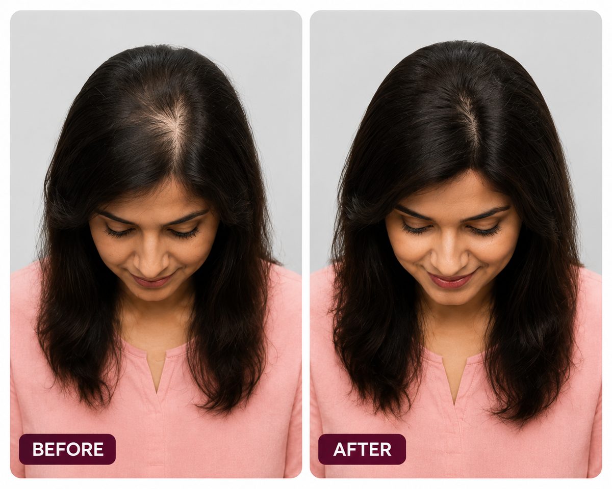 Illustration, not a customer photograph: a woman with a thinning patch at the crown on the left, and the same woman with the patch filled in on the right.